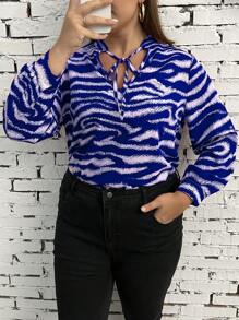 SHEIN Unity Plus Blouse À Rayures Zébrées À Nœud - Bleu marine - Voir 4