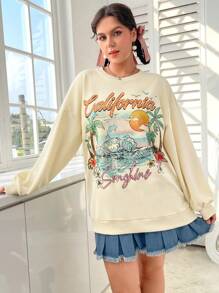 SHEIN EZwear Của phụ nữ Nhiệt đới In thư Áo nỉ - Màu be - Xem 7