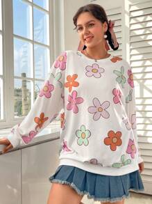 SHEIN EZwear Hơn In hoa Thả vai Áo nỉ - trắng - Xem 1