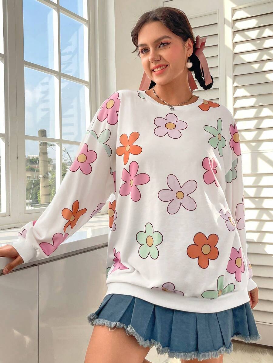 SHEIN EZwear Hơn In hoa Thả vai Áo nỉ - trắng - Xem 1