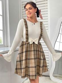 SHEIN EZwear 女性大碼格紋荷葉邊帶洋裝 - 卡其色 - 查看 3