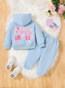 SHEIN 女嬰花和標語圖案連帽衫和運動褲 - 藍色 - 查看 1