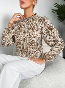 EURMUSE Allover Print Frill Neck Lantern Sleeve Blouse - Multicolor - View 5
