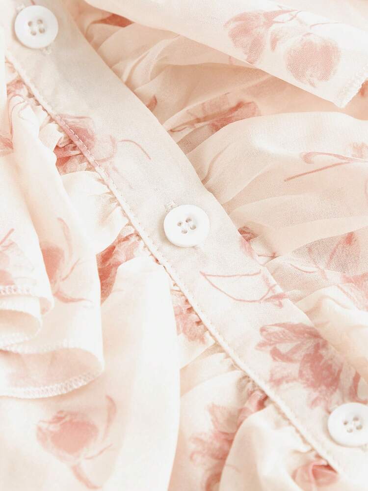 Floral Print Ruffle Trim Flounce Sleeve Blouse