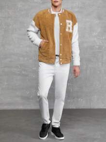 RueChic Men Letter Patched Striped Trim Drop Shoulder Teddy Varsity Jacket - Brown - View 5