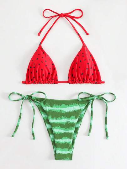 Conjunto de bikini de corte halter con estampado de sandía, bikini de vacaciones