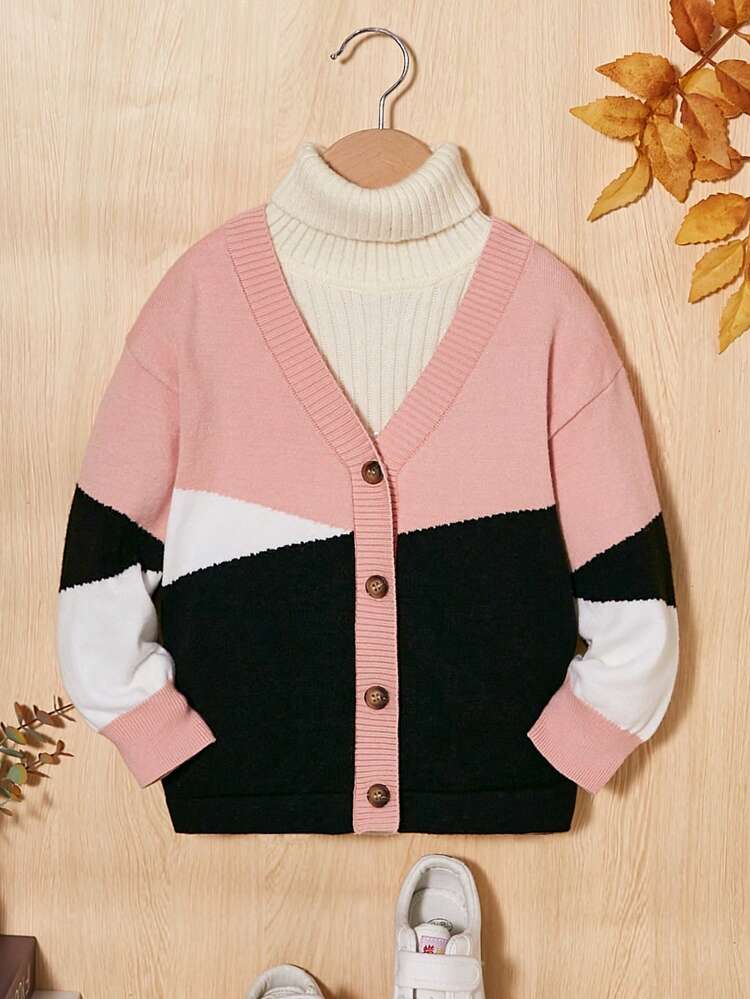 Young Girl Color Block Drop Shoulder Cardigan Without Sweater