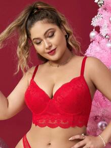Plus Floral Lace Scallop Trim Underwire Bra - Red - View 6