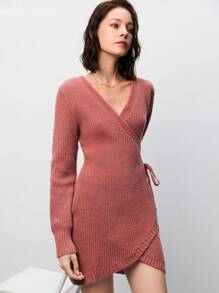 SHEIN Frenchy Solid Wrap Knot Side Sweater Dress Winter Pink Casual - Dusty Pink - View 3