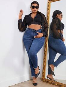 SHEIN SXY Plus High Waist Raw Cut Skinny Jeans - Medium Wash - View 5