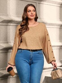 SHEIN LUNE Plus Space Dye Button Detail Lantern Sleeve Curved Hem Tee - Multicolor - View 3