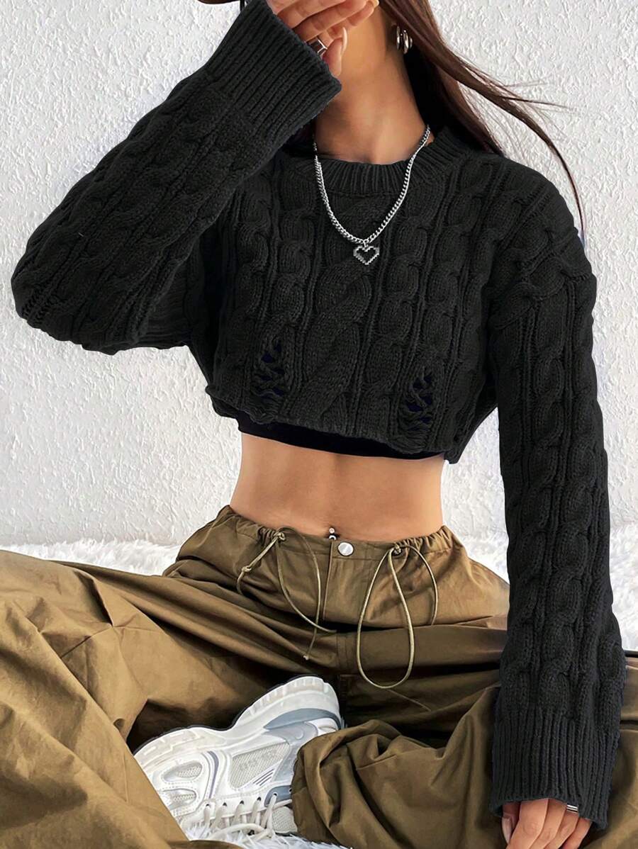 Flirla Women's Round Neck Drop Shoulder Long Sleeve Cropped Textured Knit Sweater - Black - View 1