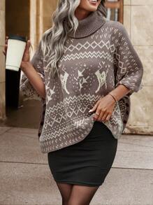 Chiquease Geo Pattern Turtleneck Batwing Sleeve Knit Poncho Knit Pullover Sweater Fall Winter - Mocha Brown - View 5