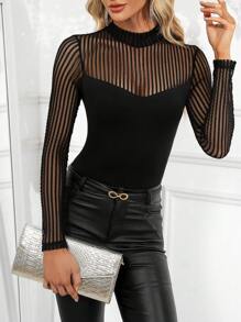 SHEIN Clasi 網紗拼接小高領上衣 - 黑色 - 查看 4