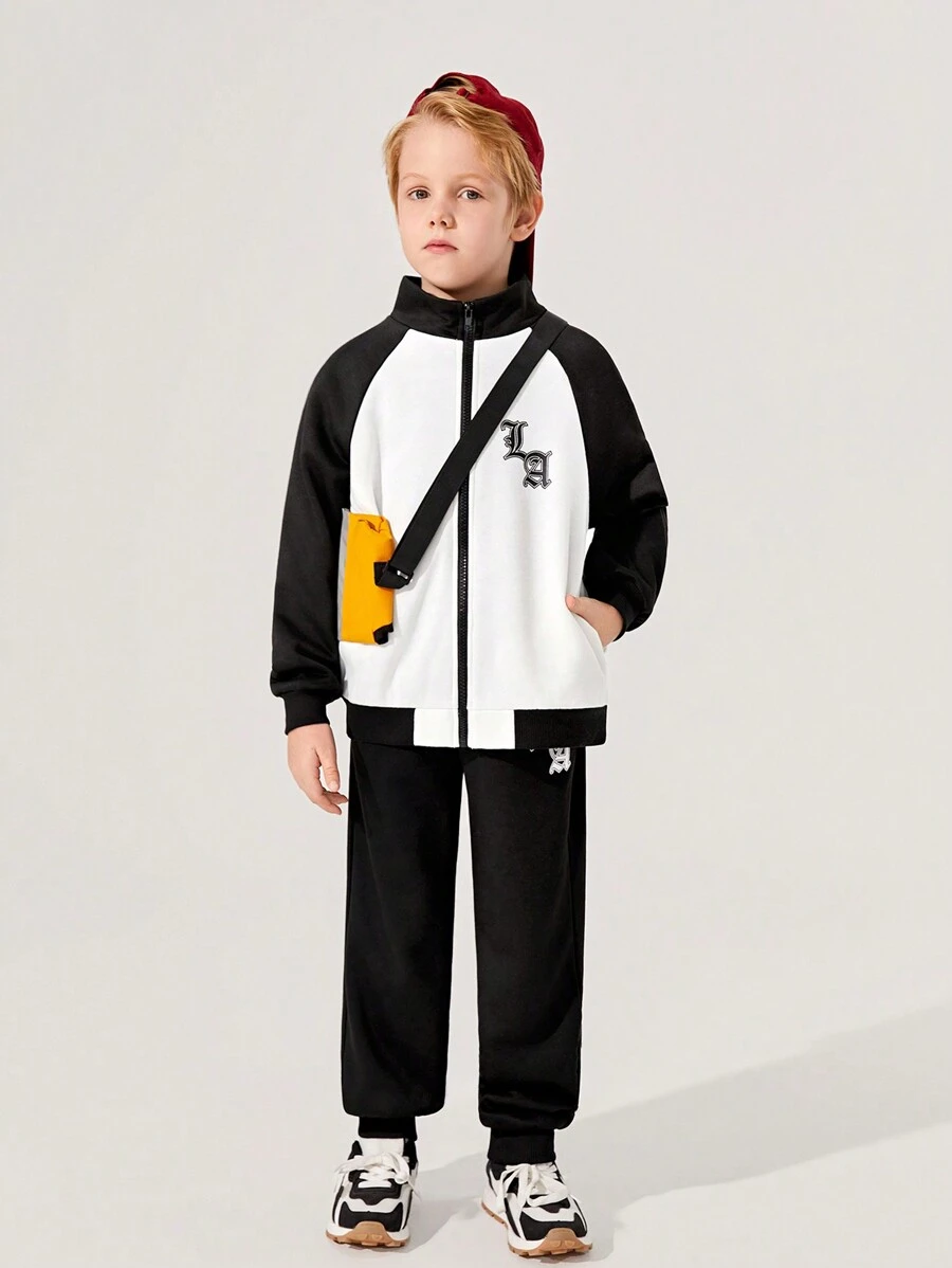 SHEIN Bộ 2 quần áo dệt kim in họa tiết tương phản cổ đứng tay áo có khóa kéo và quần màu trơn cho bé trai tuổi mới lớn, lót nhiệt, dày - màu đen - Xem 1