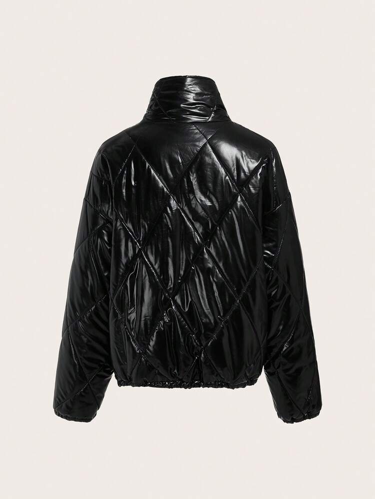 Zip Up Slant Pocket Drop Shoulder Quilted Coat