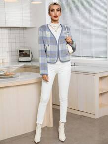 Aveloria Plaid Print Double Breasted Overcoat Fall Cloth For Women - Multicolor - View 3