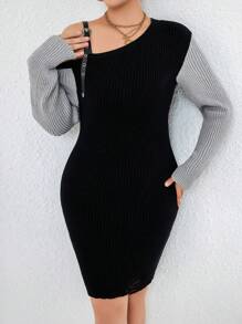 Celure 大碼撞色不對稱領緊身洋裝 - 彩色 - 查看 1