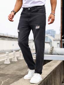 Manfinity Homme Men Ripped Frayed Straight Leg Jeans - Black - View 3