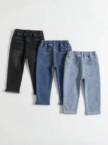 SHEIN 3入組寶寶男童實色牛仔褲，具有斜口袋 - 彩色 - 查看 2