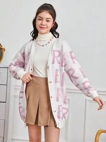 青少年女孩字母圖案落肩袖開襟衫 - 白色 - 查看 4