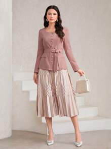 Modelyn Cổ vuông Chi tiết về Flap Thắt lưng áo - Màu Hồng baby - Xem 5