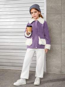 SHEIN Tween Girl Borg Collar Flap Pocket Drop Shoulder Corduroy Jacket - Purple - View 3