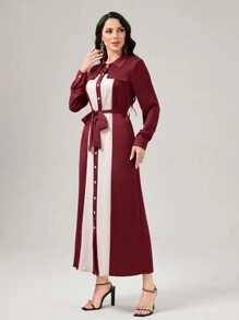 Mulvari Two Tone Belted Shirt Dress - Burgundy - View 3