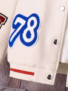 SHEIN Tween Girl Letter Graphic Striped Trim Varsity Jacket Without Sweater - Apricot - View 3