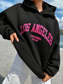 Cottnline Letter Graphic Kangaroo Pocket Drop Shoulder Hoodie - Black - View 4