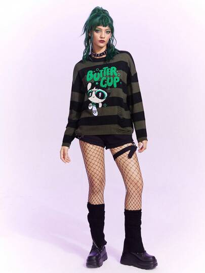 The Powerpuff Girls | ROMWE Drop Shoulder Gestreifter Pullover mit Cartoon- und Buchstabenmuster