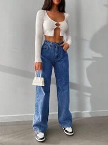 Zipper Fly Wide Leg Jeans - Blue - View 3