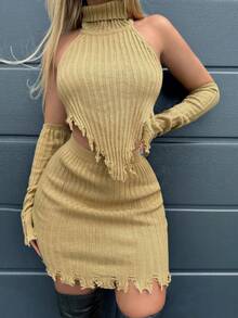 SHEIN SXY Turtleneck Asymmetrical Ripped Trim Sweater Top & Knit Skirt With Arm Sleeves - Mustard Yellow - View 4