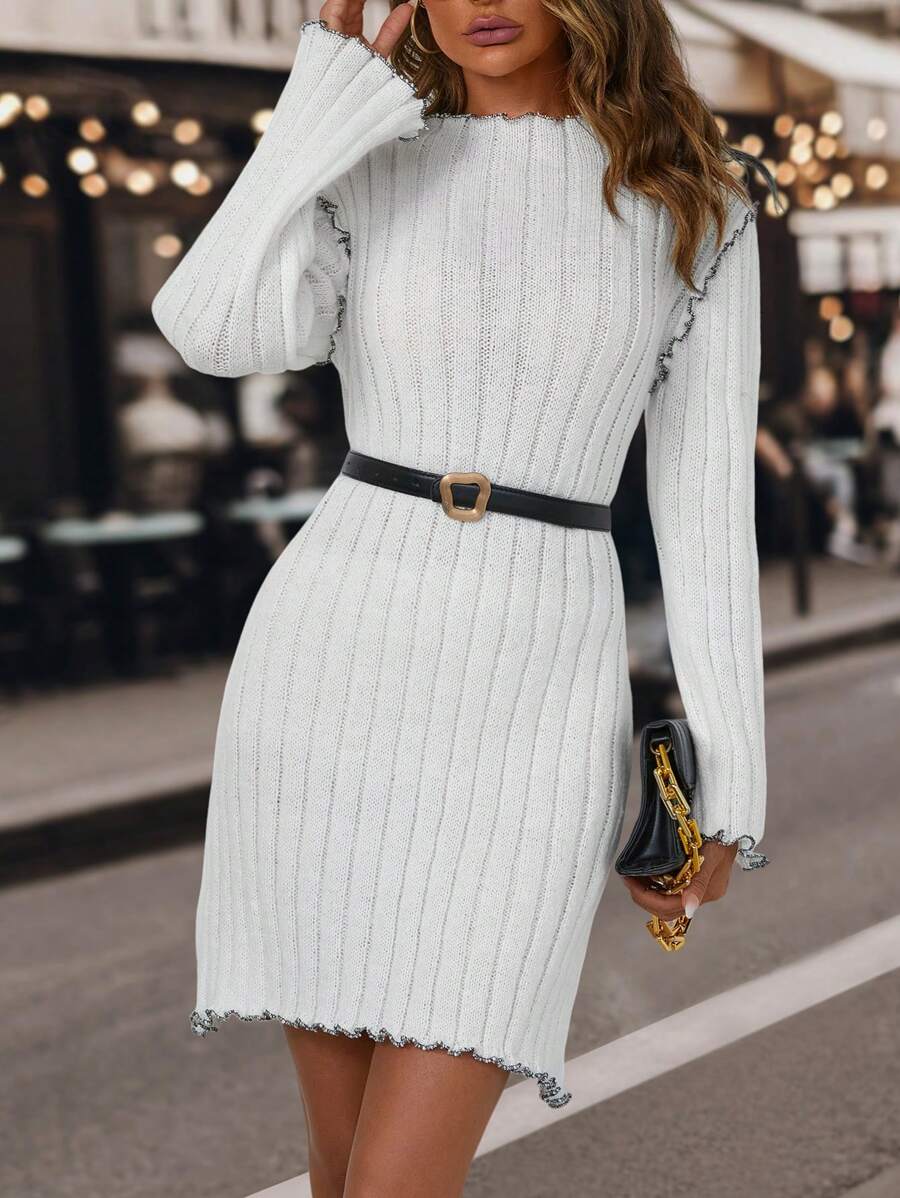 SHEIN Clasi 木耳邊條紋針織毛衣洋裝不附腰帶 - 白色 - 查看 1