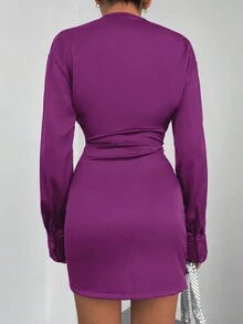 EURMUSE Surplice Neck Drawstring Front Ruched Dress - Purple - View 2