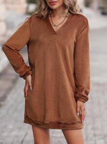 SHEIN Essnce 素色連帽衛衣裙 - 棕色 - 查看 4