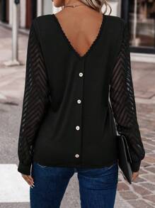 SHEIN Clasi Button Back Bishop Sleeve Top - Black - View 2
