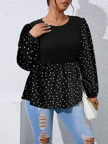 SHEIN LUNE Hơn In vết tròn Polka Tay áo lồng đèn Áo sơ mi Peplum - màu đen - Xem 5