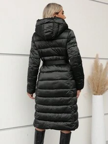 Giolshon Women's Autumn And Winter Down Jacket With Hood And Belt Can Be Cinched - Black - View 2