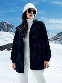 SHEIN LUNE 素色扣飾前毛茸茸外套 - 黑色 - 查看 1