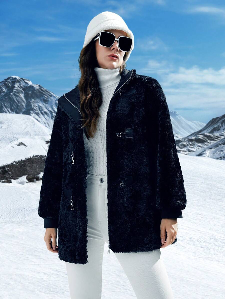 SHEIN LUNE 素色扣飾前毛茸茸外套 - 黑色 - 查看 1