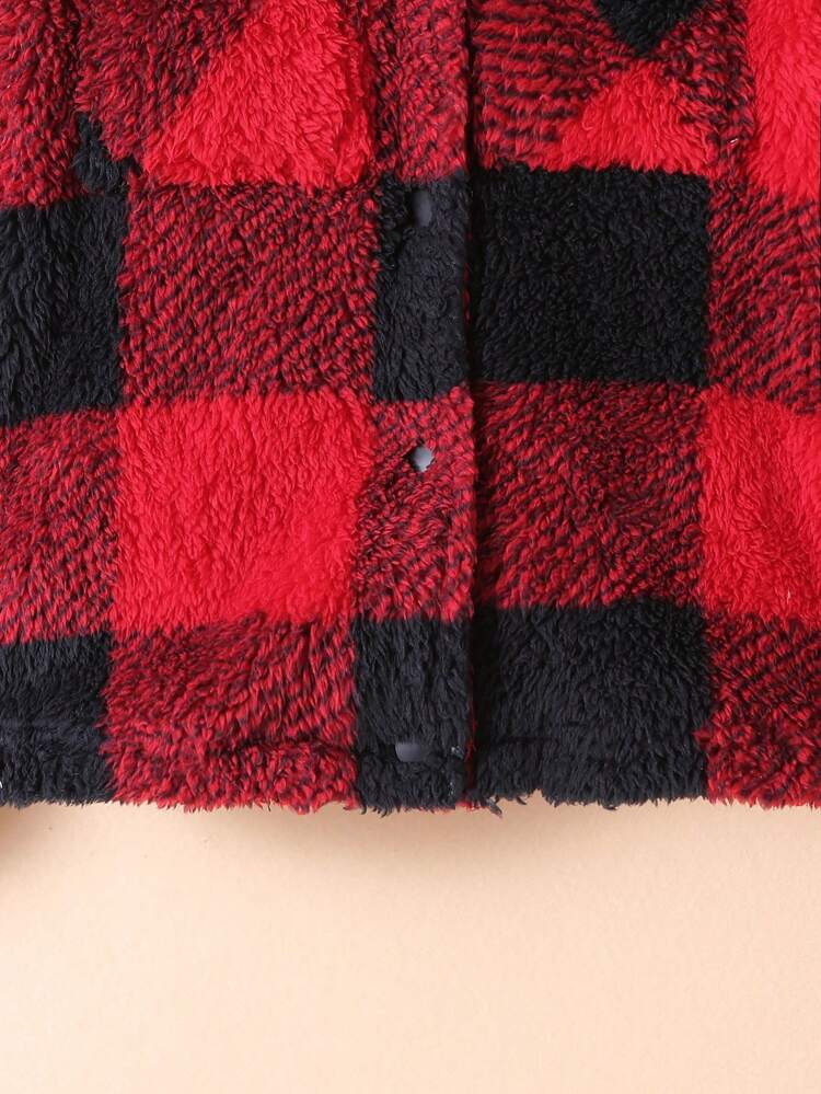 Tween Girl Buffalo Plaid & Slogan Embroidery Teddy Jacket