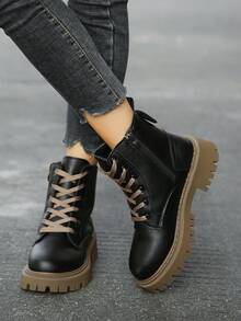 Hàng mới đến 2023 Của phụ nữ Chóp giầy tròn Dày Đế Dây kéo bên Mặt trước Lace-up Giữa bắp chân Chống trượt Thoải mái Thời trang Moto Giày ống Đối với Mùa thu Và Mùa Đông - màu đen - Xem 6