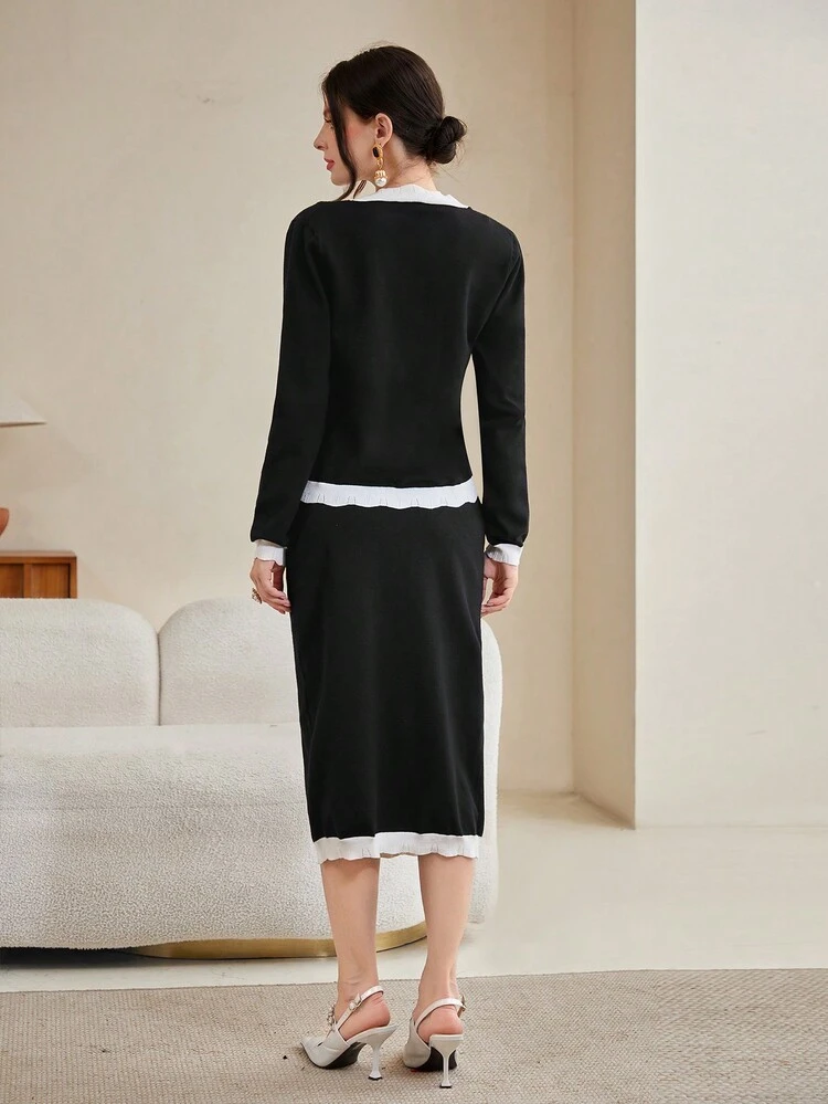 Contrast Trim Button Detail Cardigan & Knit Skirt