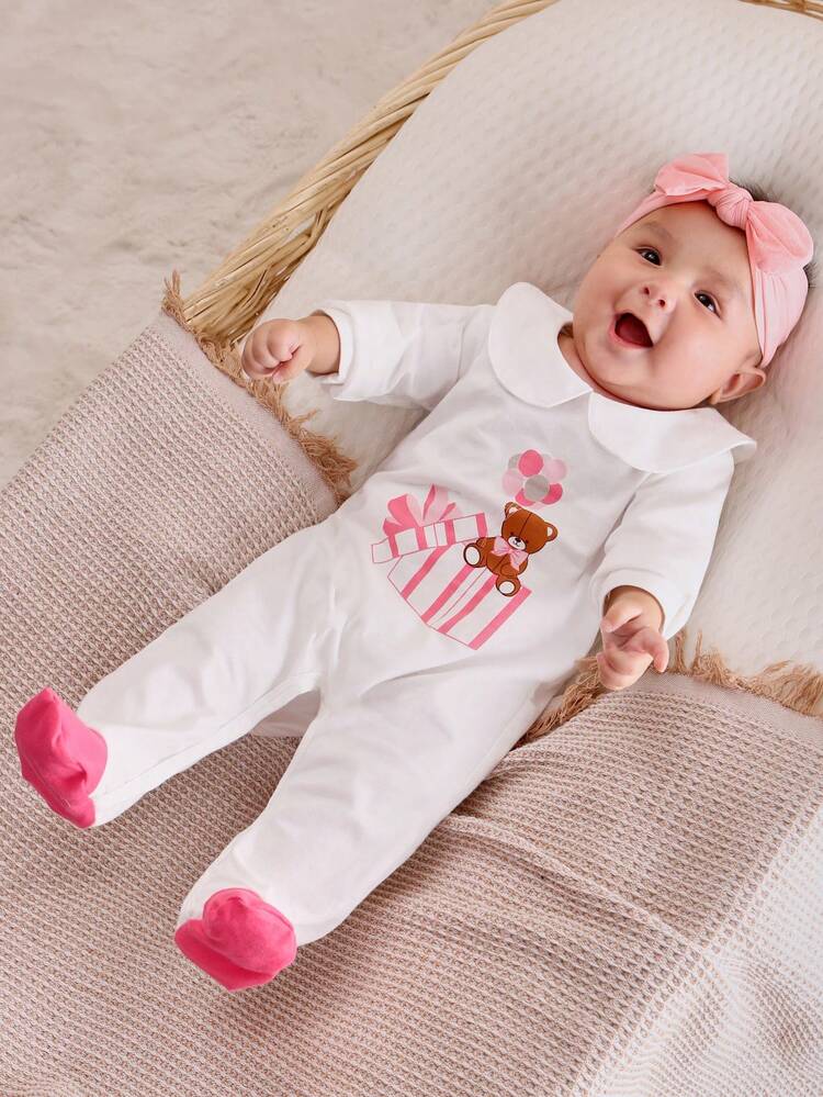 Baby Girl Cartoon Graphic Contrast Binding Bodysuit & Footed Jumpsuit PJ Set