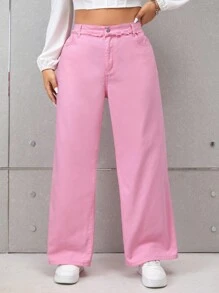 SHEIN EZwear 大碼高腰闊腿牛仔褲 - 淺粉色 - 查看 1