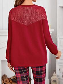 SHEIN Maternity Contrast Sequin Drop Shoulder Sweatshirt, For Winter - Burgundy - View 2