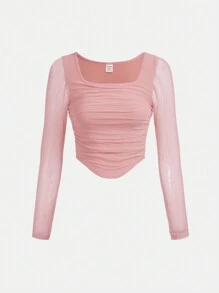 SHEIN Girlism Teen Girl Square Neck Ruched Mesh Top & Skirt