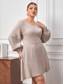 SHEIN Privé Plus Lantern Sleeve Sweater Dress - Khaki - View 4