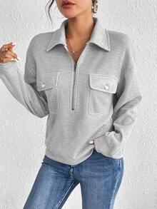 SHEIN Essnce Flap Pocket Half Zip Drop Shoulder Sweatshirt - Light Grey - View 5